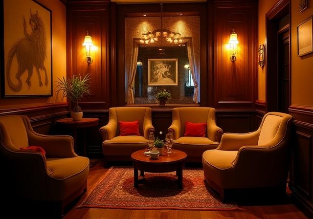 Intérieur cosy du café Le Lynx Doux avec tapis et lumières tamisées